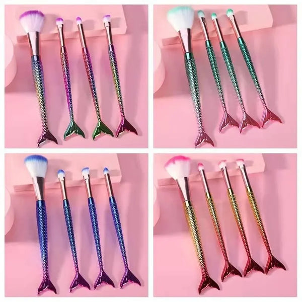 4-Piece Gradient Mermaid Makeup Brush Kit - Foundation, Eyebrow & Eyeliner Cosmetic Set