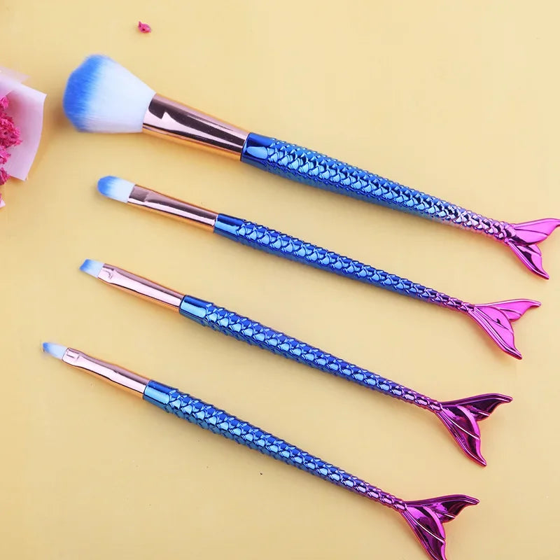 4-Piece Gradient Mermaid Makeup Brush Kit - Foundation, Eyebrow & Eyeliner Cosmetic Set