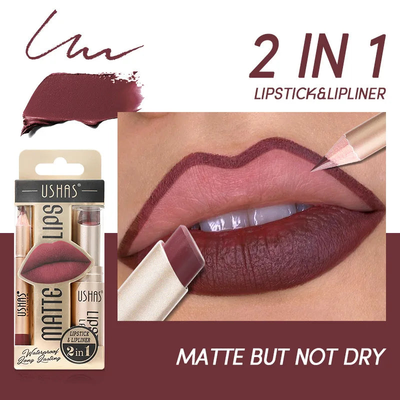 USHAS 12-Color Lip Liner & Lipstick Set - Easy Matte Long-Lasting Nude & Red