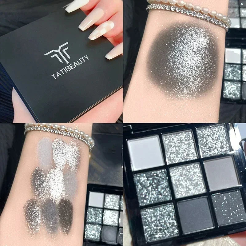 DJBS 9-Color Punk Smokey Glitter Eyeshadow Palette - Cool-Toned Dark & Nude Pigments