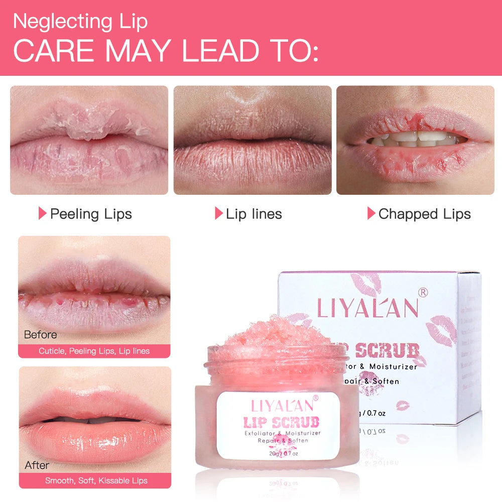 LIYALAN Pink Sugar Lip Scrub - Lightening Dark Lips, Exfoliating & Fine Line Repair