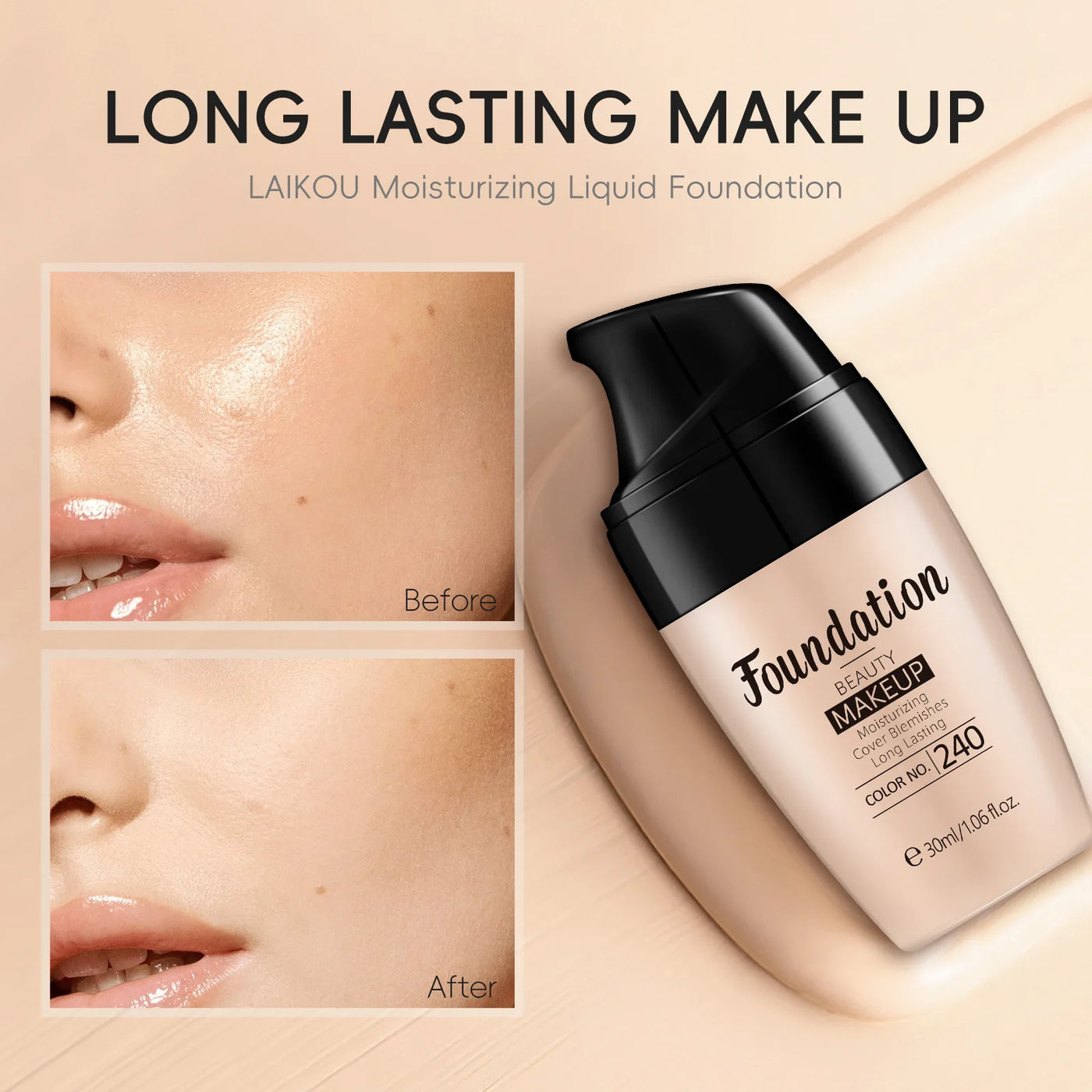 LAIKOU 30ml Hydrating Liquid Foundation - Full Coverage Creamy Natural Finish