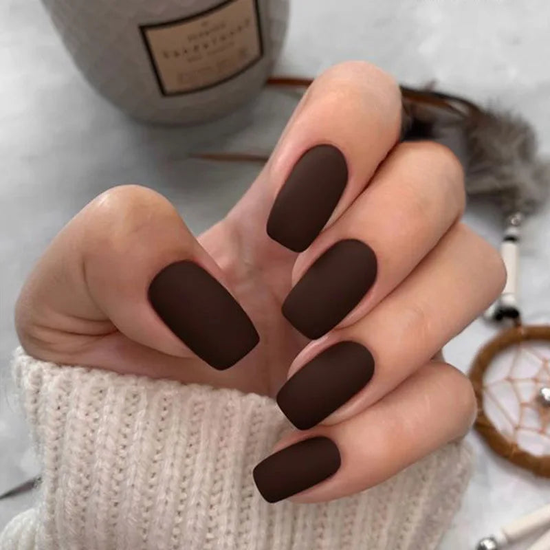 24-Piece Short Press-On Nails Set - Almond Ballet Tips in Matte Red, Nude & Brown