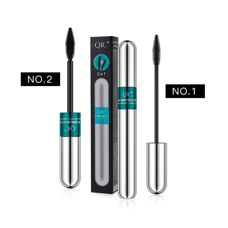 QIC 2-in-1 Double-Ended 4D Silk Fiber Mascara - Silver Tube Volumizing & Curling