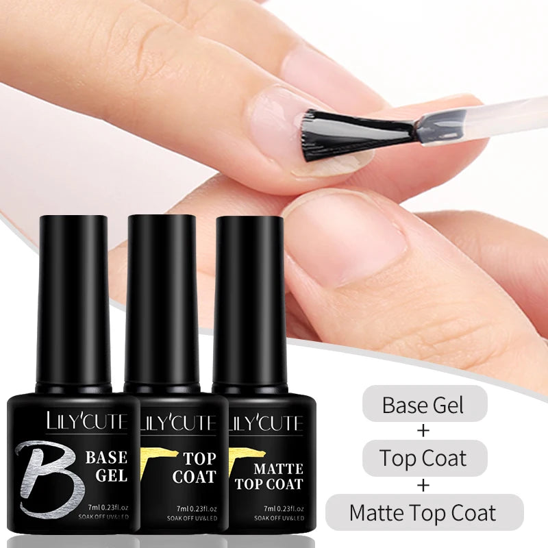 LILYCUTE 7ml No-Wipe Top Coat & UV Base Gel - Semi-Permanent Soak-Off Nail Manicure