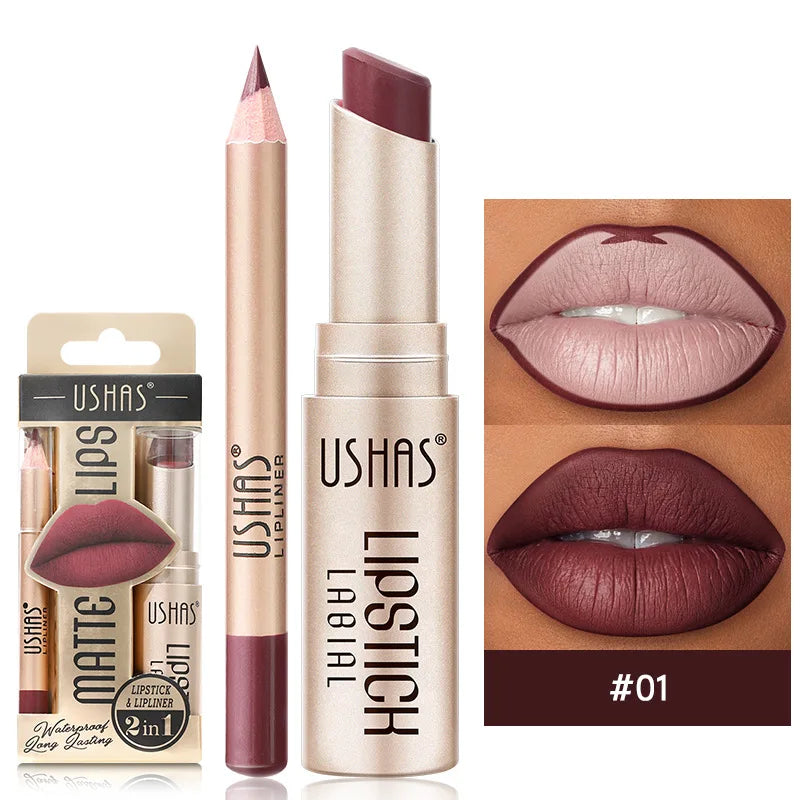 USHAS 12-Color Lip Liner & Lipstick Set - Easy Matte Long-Lasting Nude & Red