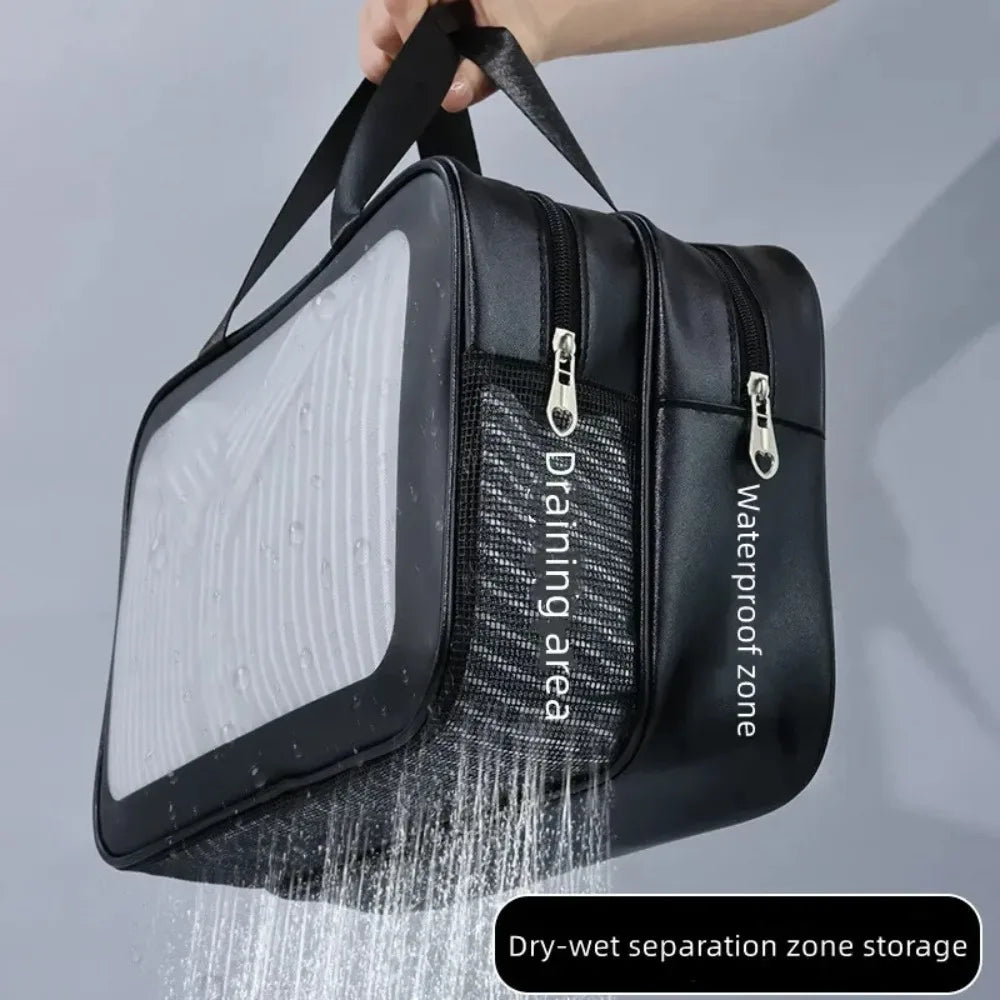 Dry-Wet Separation Double Transparent PU Makeup Bag - Portable Travel & Fitness Cosmetic Organiser
