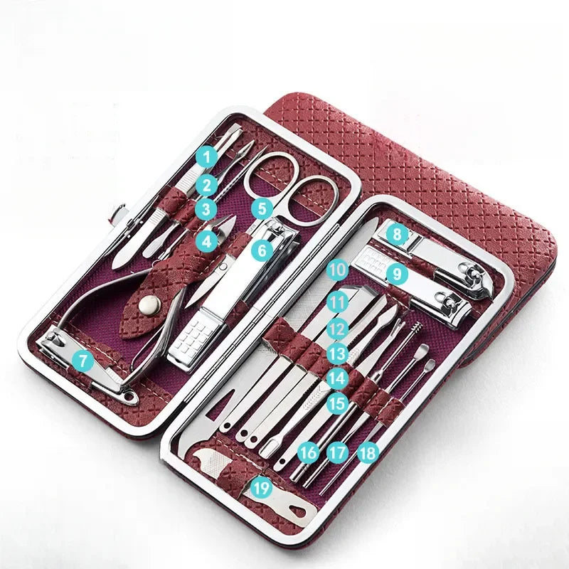 19-Piece Professional Nail Clipper Set - Dead Skin Pliers, Diagonal & Eyebrow Clipper with Leather Case