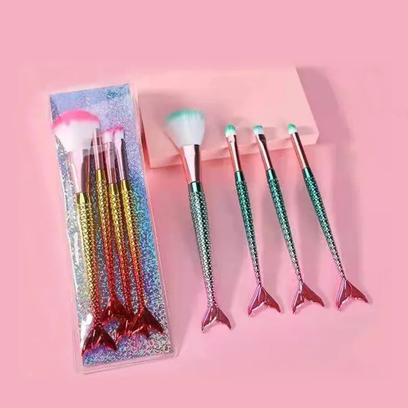 4-Piece Gradient Mermaid Makeup Brush Kit - Foundation, Eyebrow & Eyeliner Cosmetic Set
