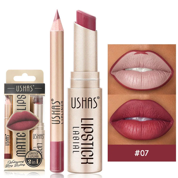 USHAS 12-Color Lip Liner & Lipstick Set - Easy Matte Long-Lasting Nude & Red