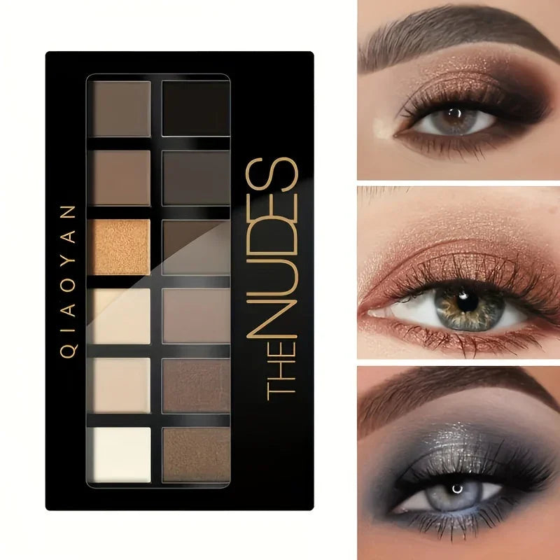 Professional 12-Color Eyeshadow Palette - Natural Shimmer & Matte Nudes for Makeup Artists