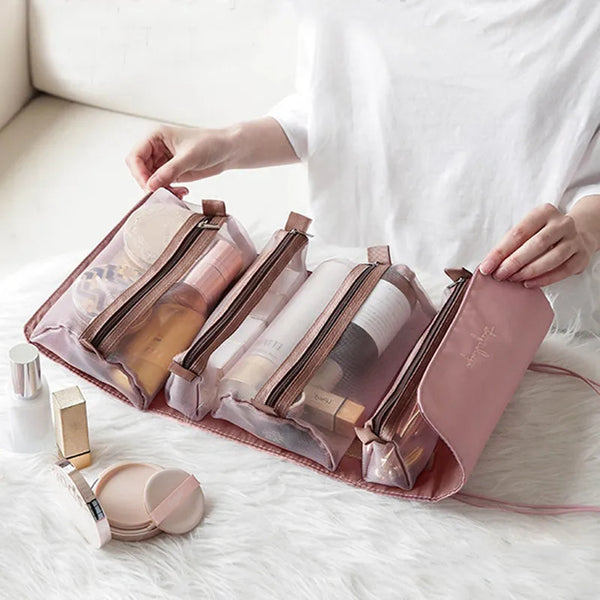 4-in-1 Separable Cosmetic Bag Set - Zipper Mesh Foldable Nylon Makeup Pouches for Women