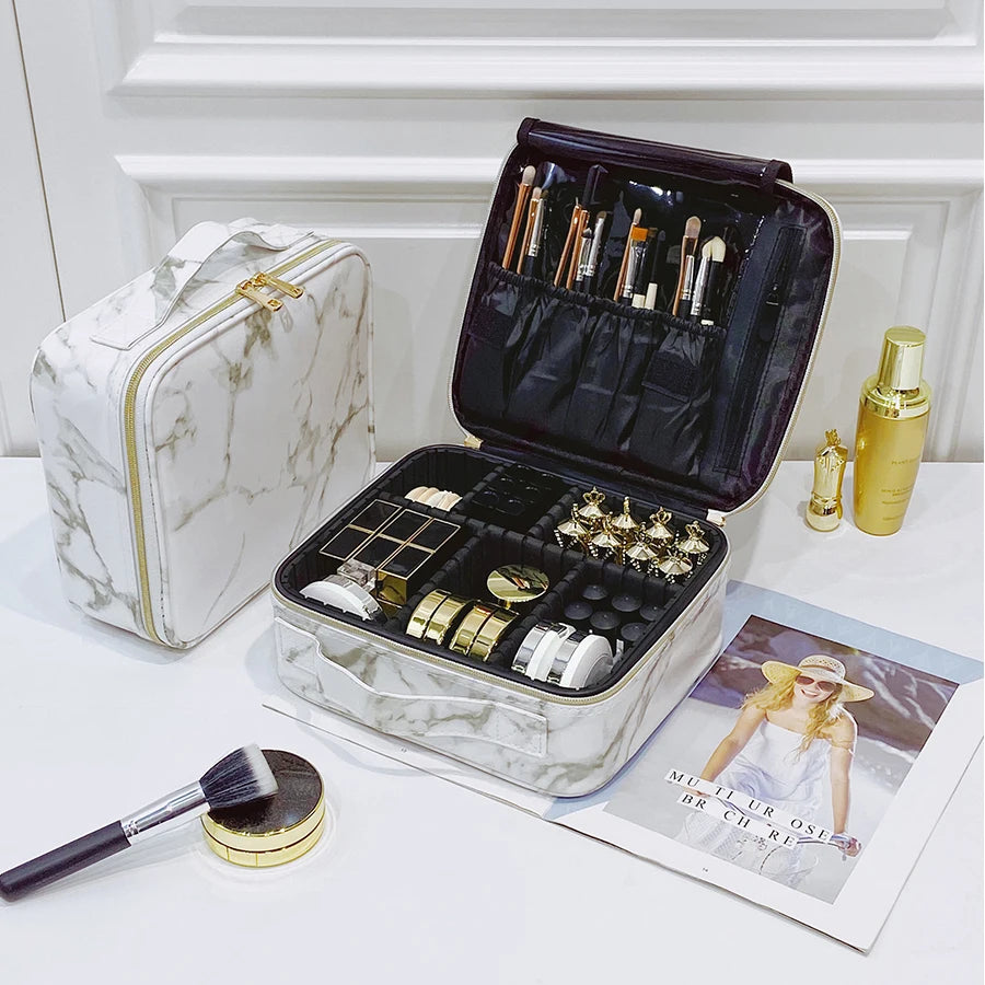 Marble Waterproof PU Cosmetic Storage Bag - Professional Makeup Handbag & Travel Organizer
