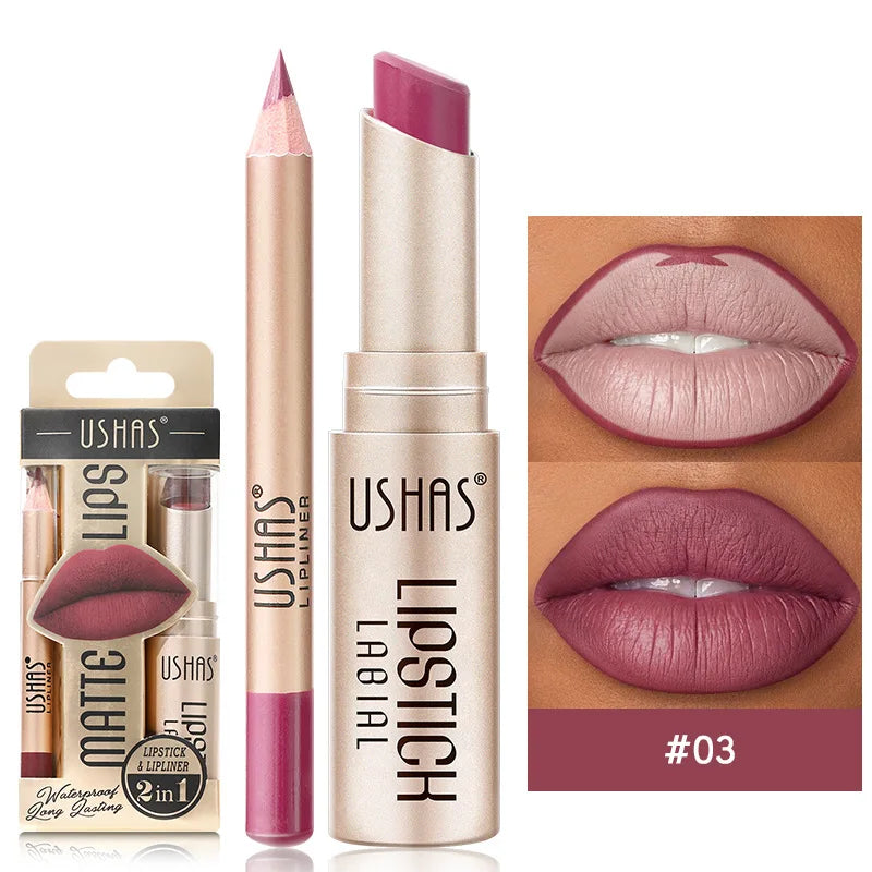 USHAS 12-Color Lip Liner & Lipstick Set - Easy Matte Long-Lasting Nude & Red