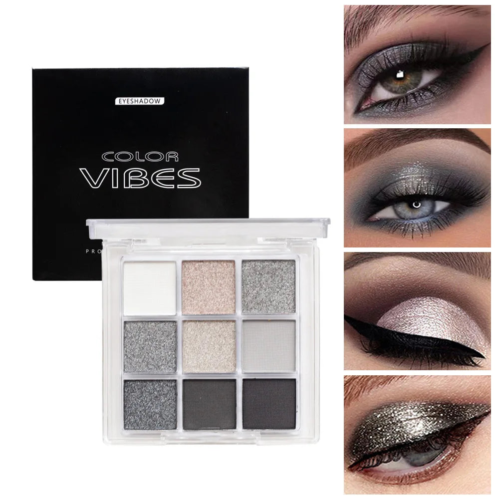 DJBS 9-Color Punk Smokey Glitter Eyeshadow Palette - Cool-Toned Dark & Nude Pigments