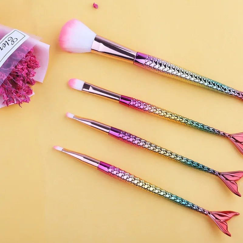 4-Piece Gradient Mermaid Makeup Brush Kit - Foundation, Eyebrow & Eyeliner Cosmetic Set